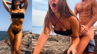 Híres influenszer (jegyes lány) fenékbe kapja szardínia sziklái mögött